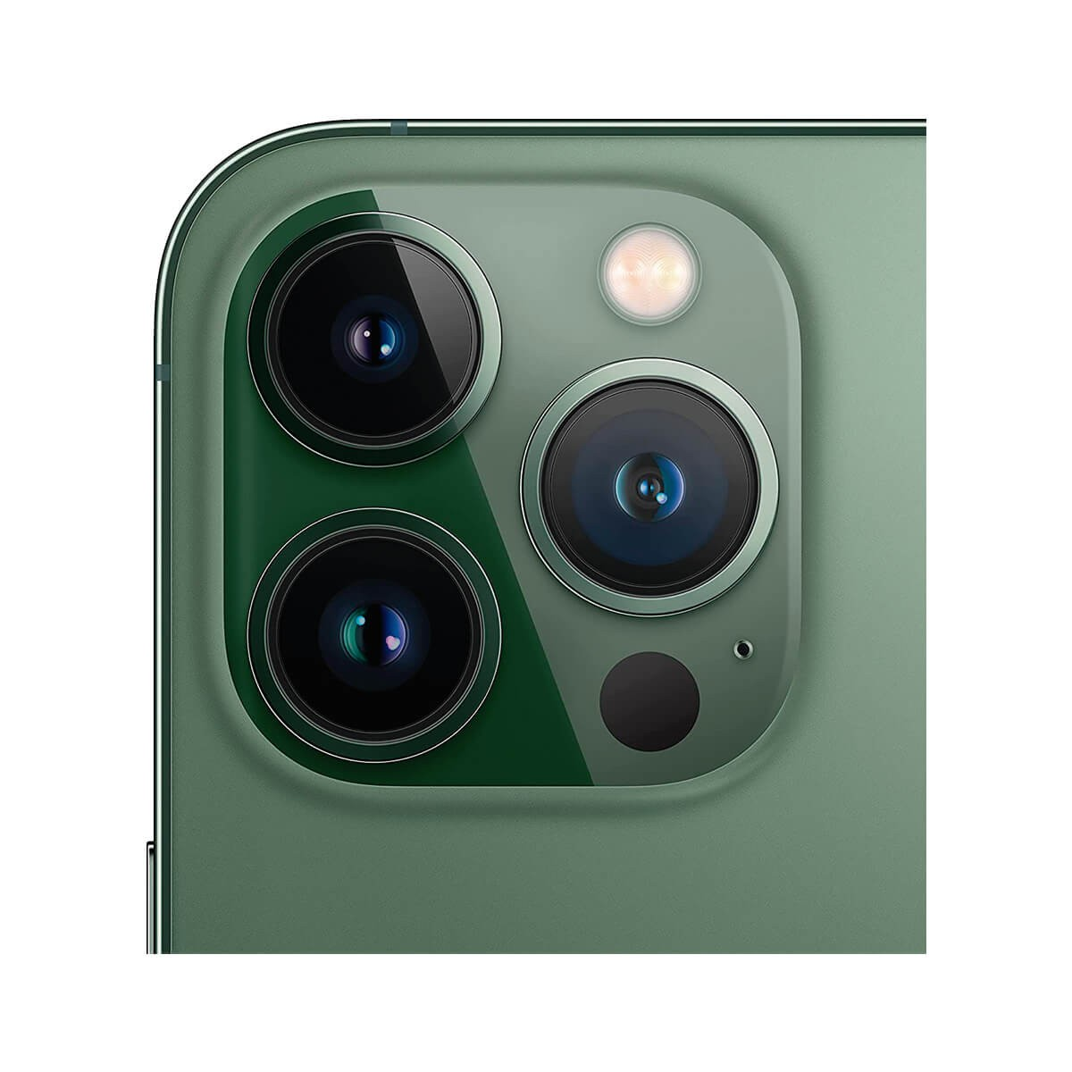 Primo piano del modulo tripla fotocamera di uno smartphone verde con flash e sensore LiDAR.