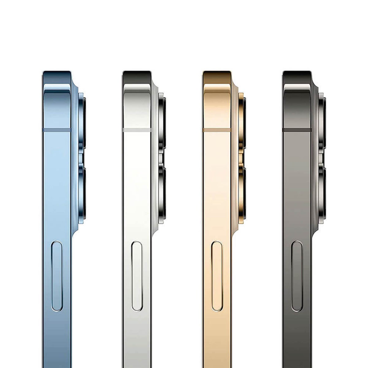 Vista laterale di quattro smartphone in blu, argento, oro e grafite, con moduli fotocamera e pulsanti.