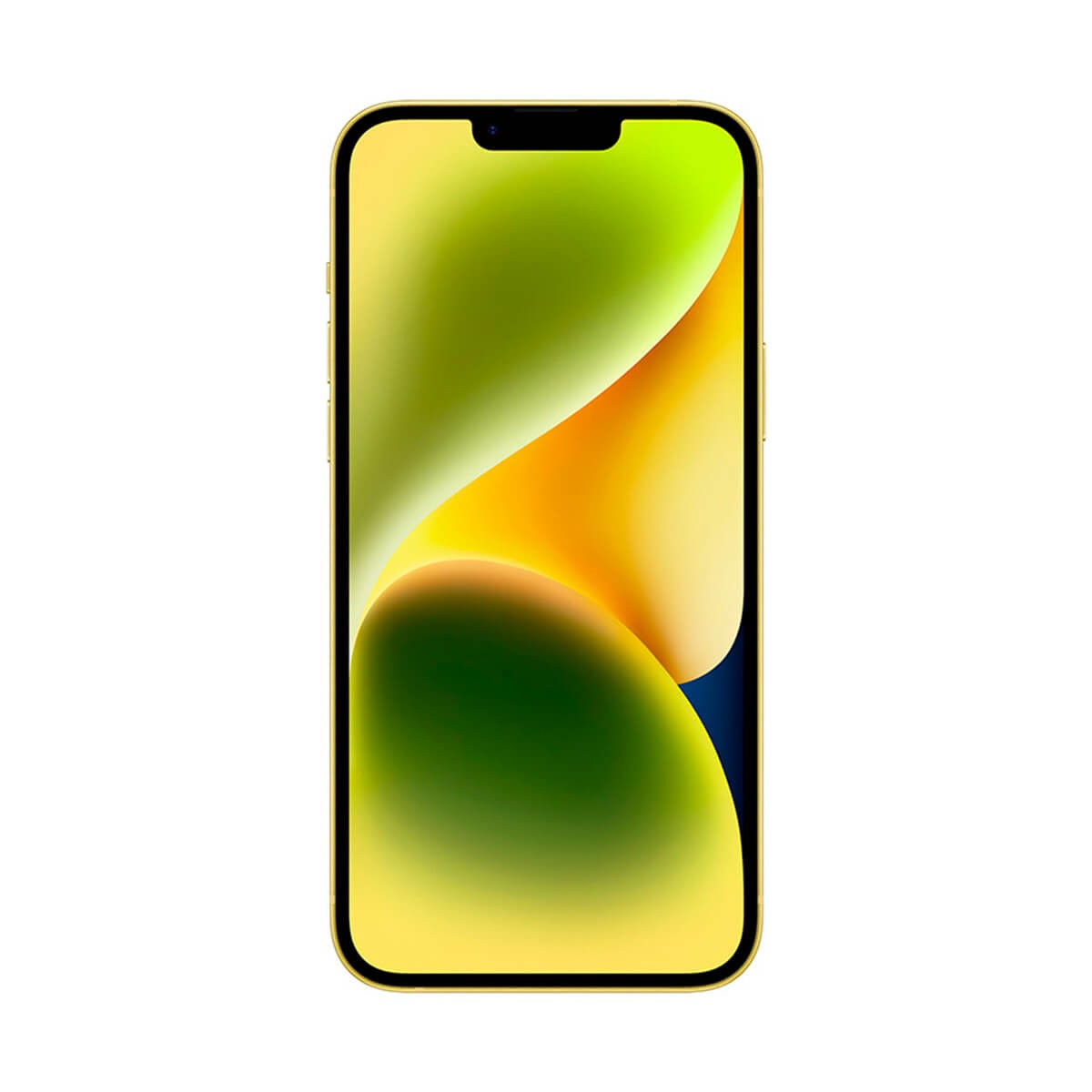 Smartphone con carcasa amarilla y un fondo de pantalla abstracto verde y amarillo.