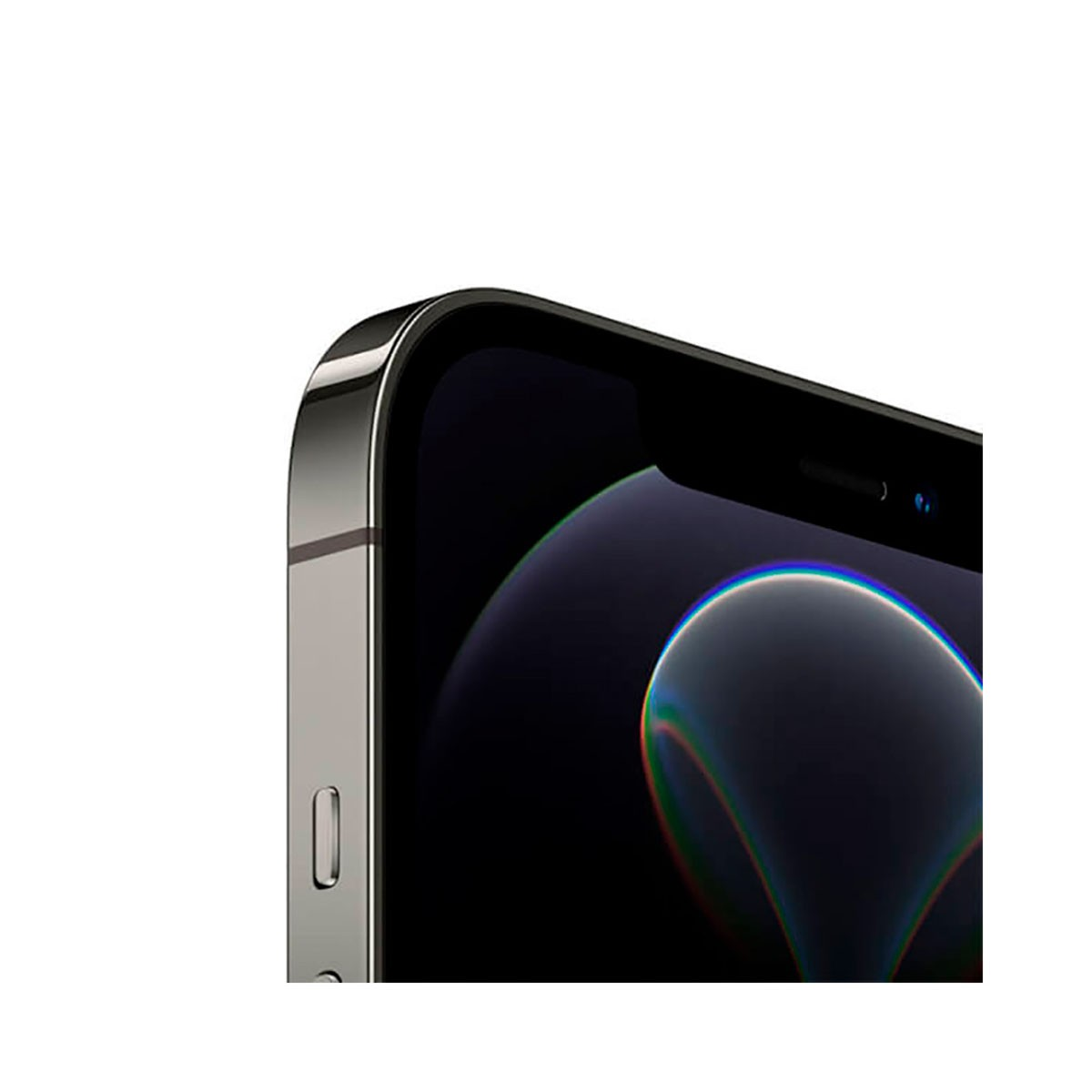 Primo piano dell'angolo superiore di uno smartphone con cornice in metallo e display arrotondato.