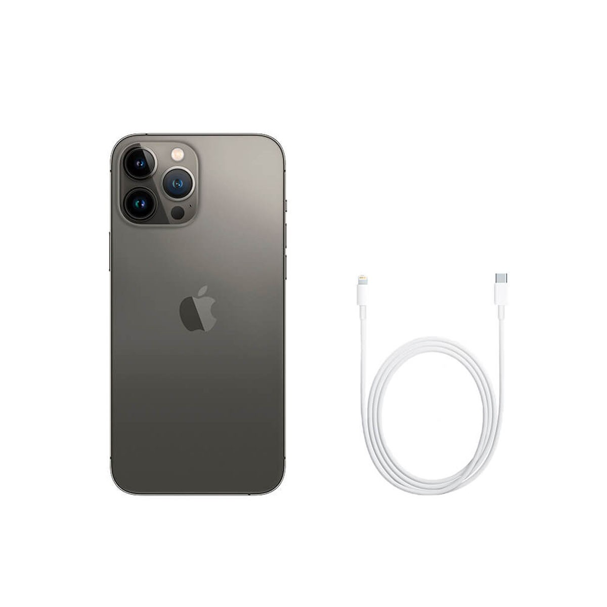 Uno smartphone grigio con tripla fotocamera e un cavo di ricarica bianco accanto su sfondo bianco.