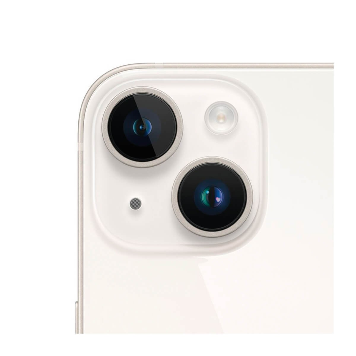 Primo piano della doppia fotocamera sul retro di uno smartphone bianco con flash.