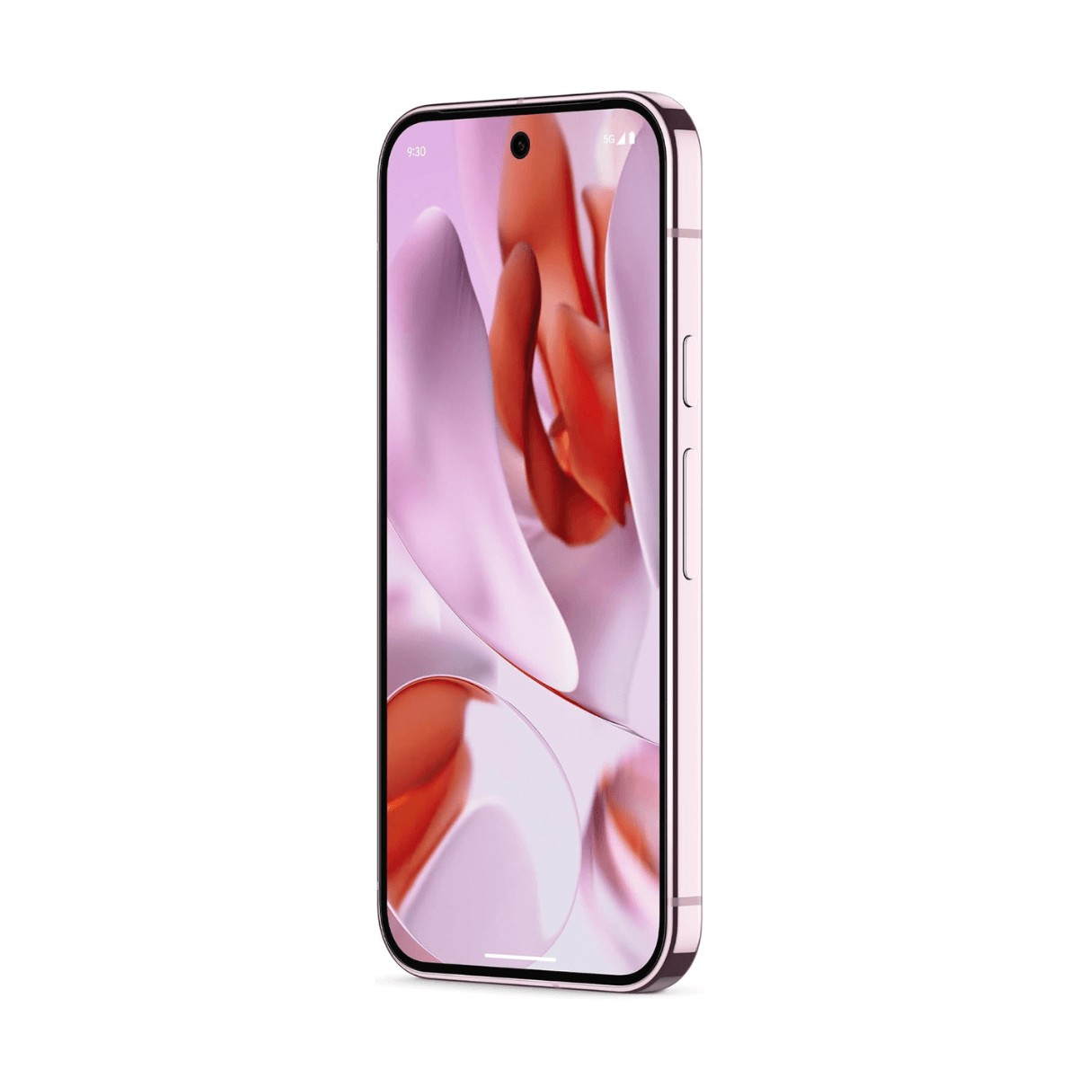 Ein rosafarbenes Smartphone steht senkrecht und zeigt ein lebendiges, abstraktes, rosa-rotes Hintergrundbild.