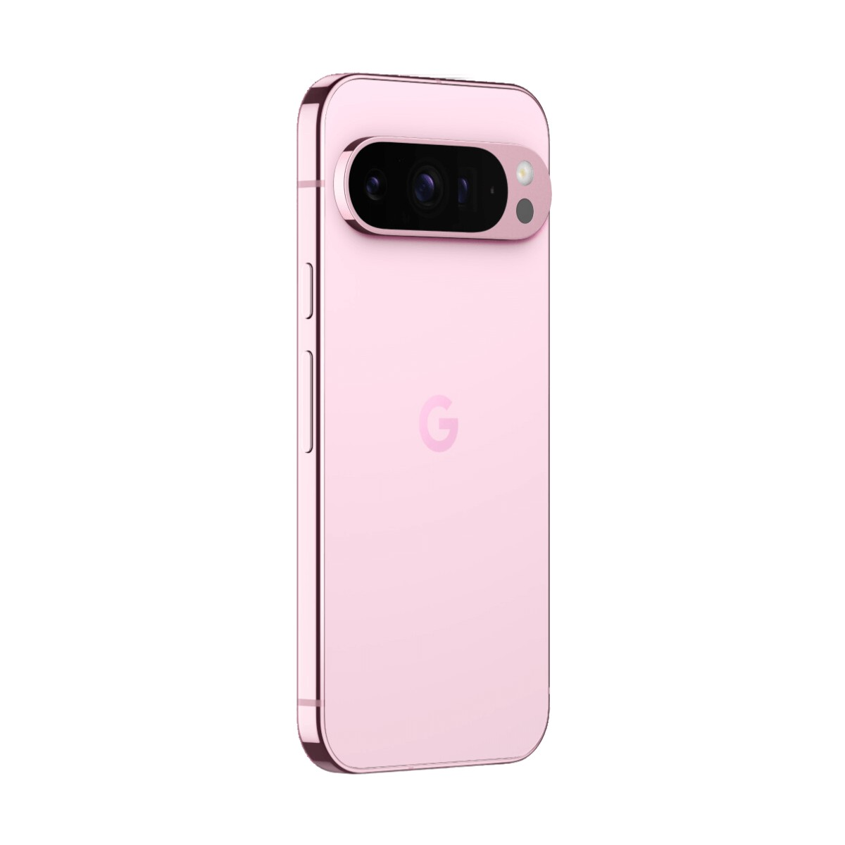 Ein rosafarbenes Smartphone von hinten mit Dreifach-Kamera und Google-Logo auf weißem Hintergrund.