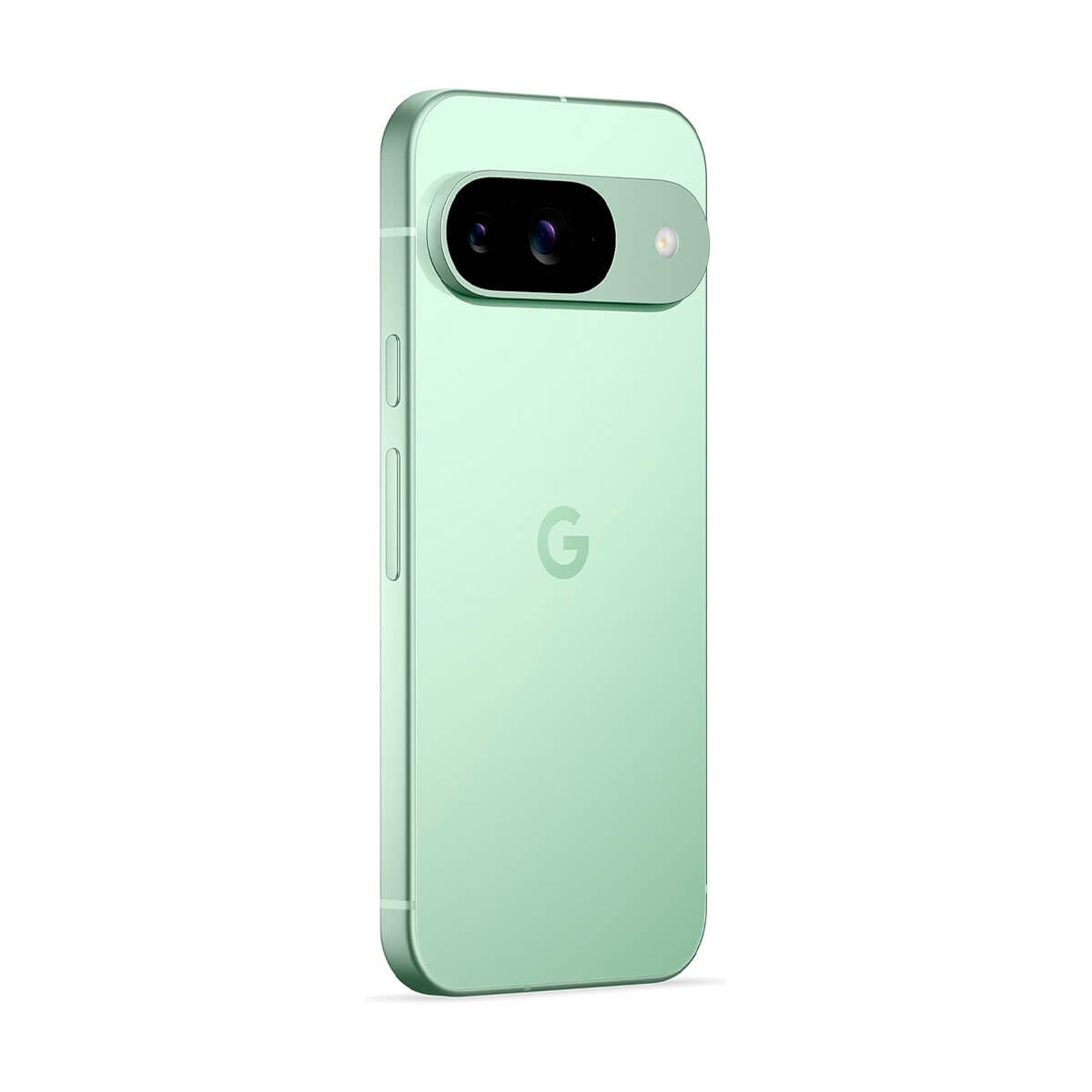 Retro di uno smartphone Google Pixel verde menta con barra della fotocamera orizzontale e logo su sfondo bianco.