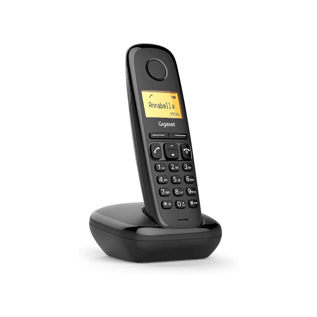 Un telefono cordless Gigaset nero lucido si trova sulla sua base di ricarica su sfondo bianco.