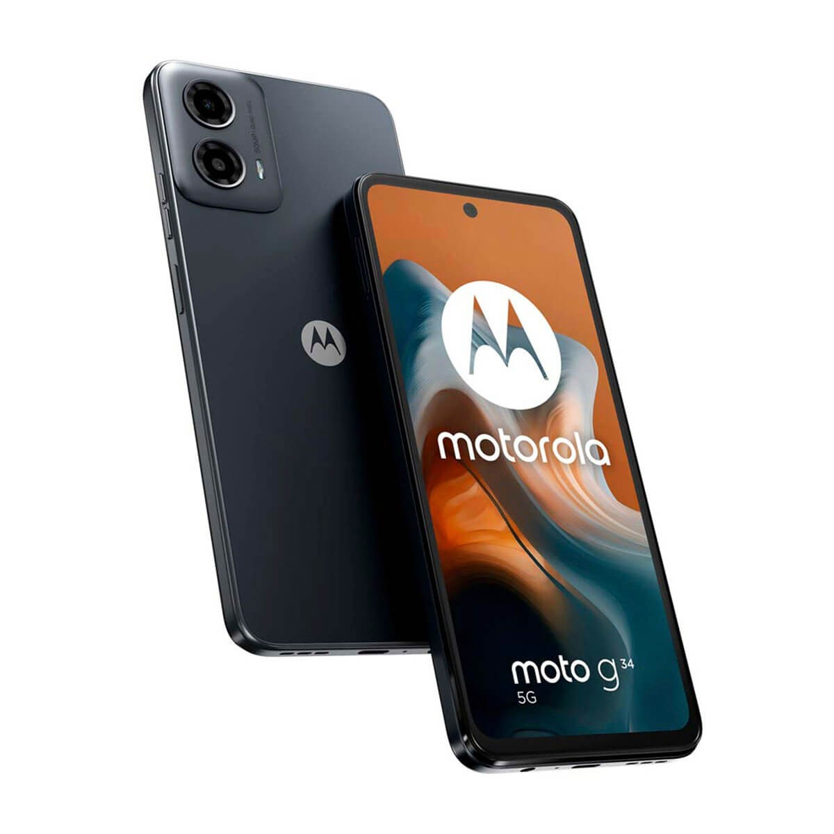 Dos smartphones negros Motorola Moto G34 5G, uno muestra el panel trasero y el otro la pantalla.