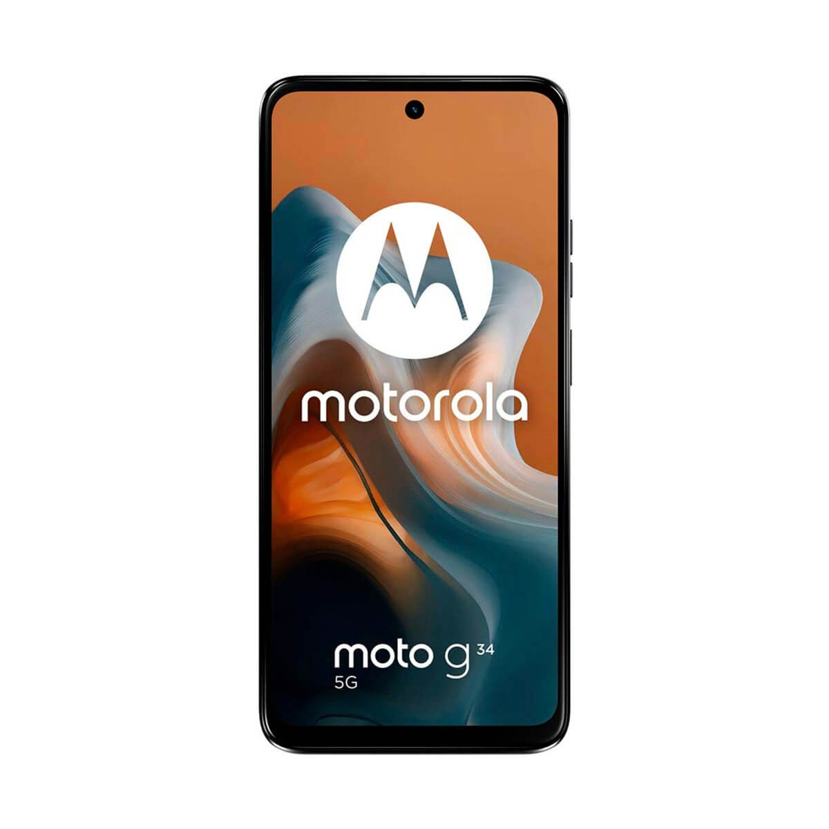 Vista frontal del smartphone Motorola Moto G34 5G con fondo de pantalla abstracto y logotipo de la marca.