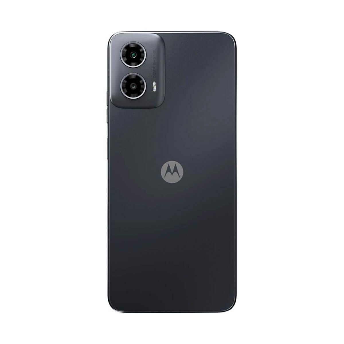 Parte trasera de un smartphone Motorola negro con dos cámaras verticales arriba a la izquierda y el logo de Motorola en el centro.