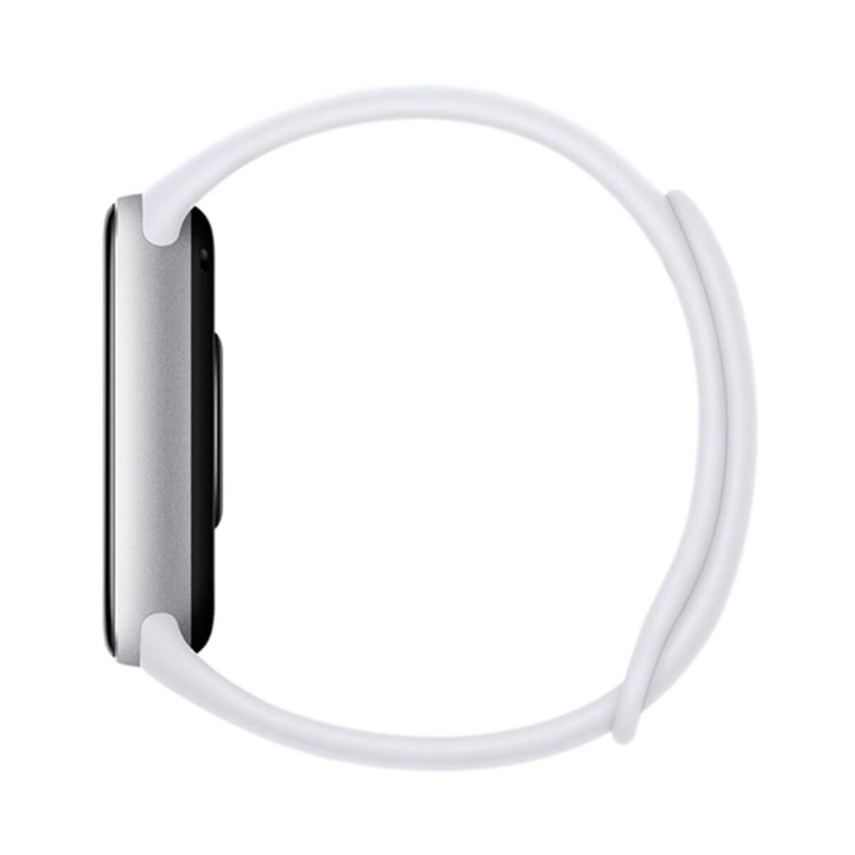 Uno smartwatch argentato con cinturino in silicone bianco su sfondo bianco, visto di lato.
