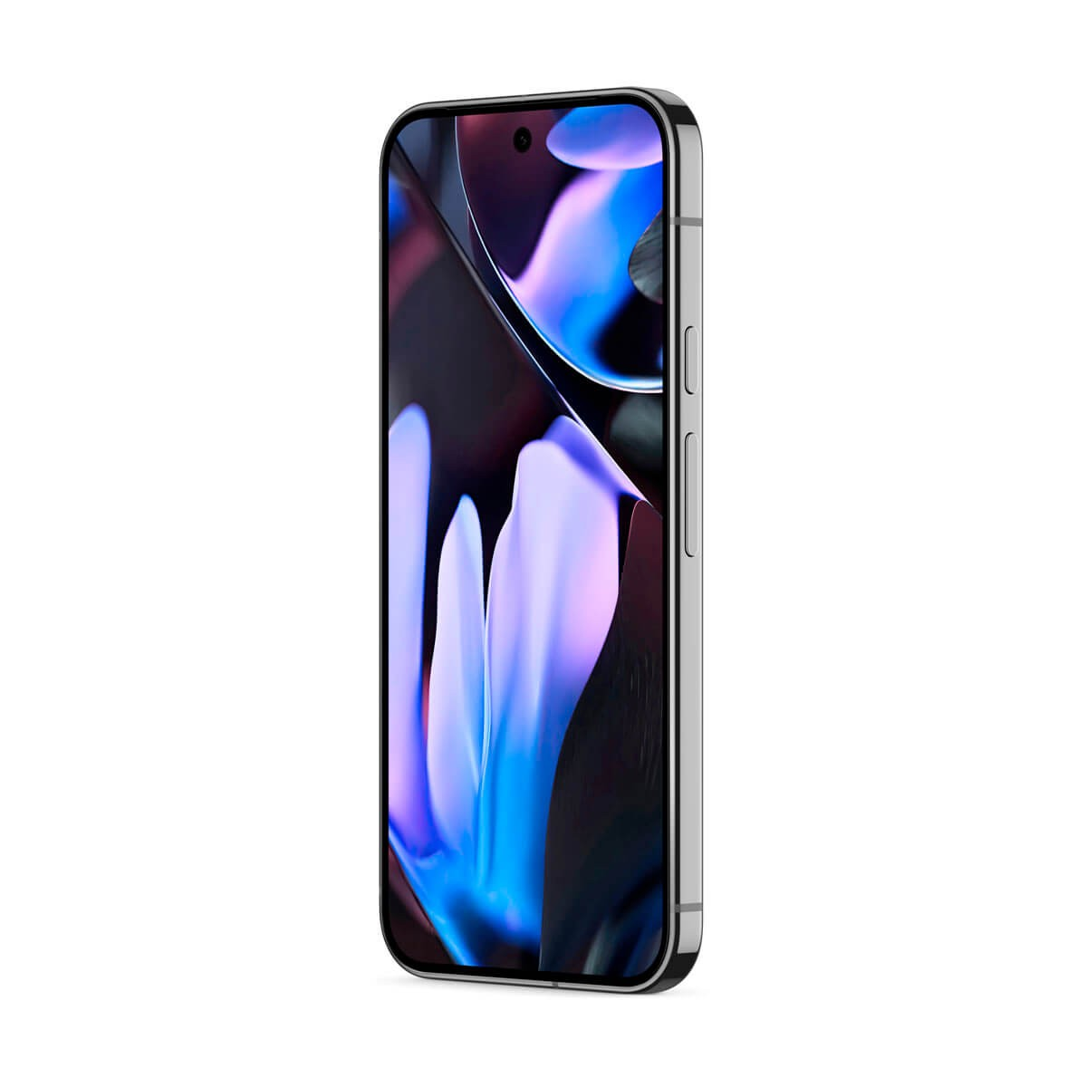 Uno smartphone con cornice argentata e sfondo astratto blu e viola.