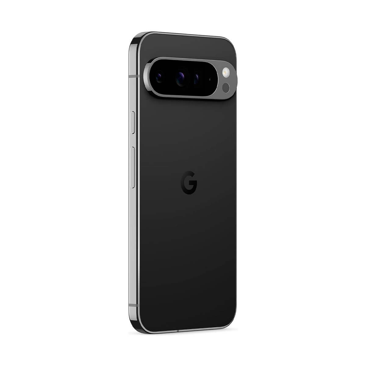 Retro di uno smartphone Google nero con barra della fotocamera orizzontale e logo Google al centro.