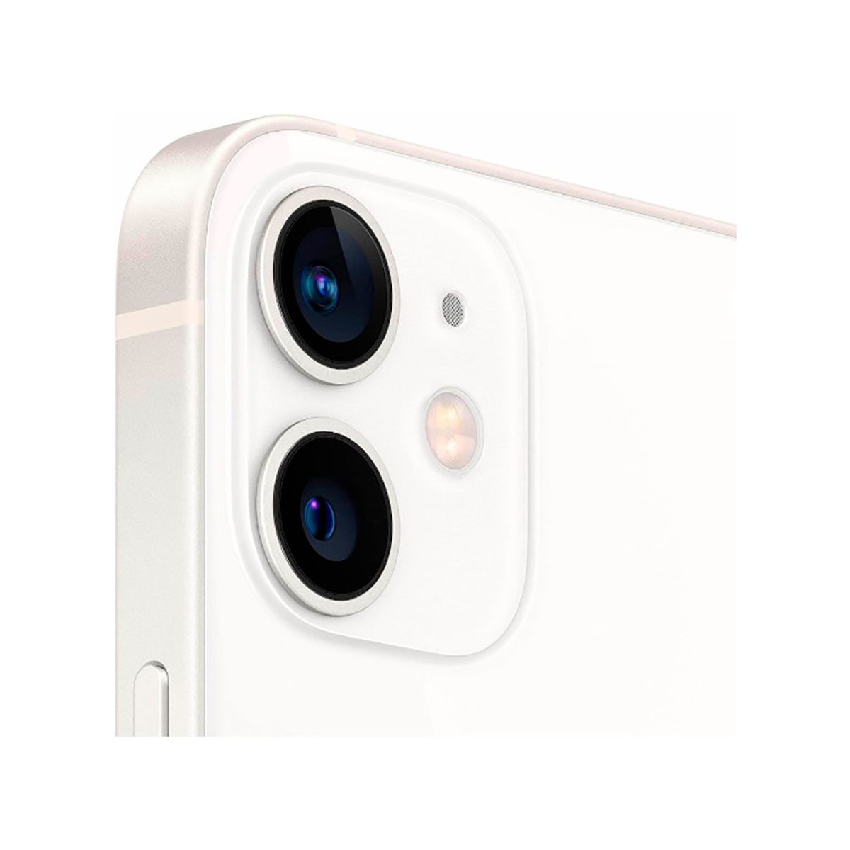 Primo piano della doppia fotocamera sul retro di uno smartphone bianco.
