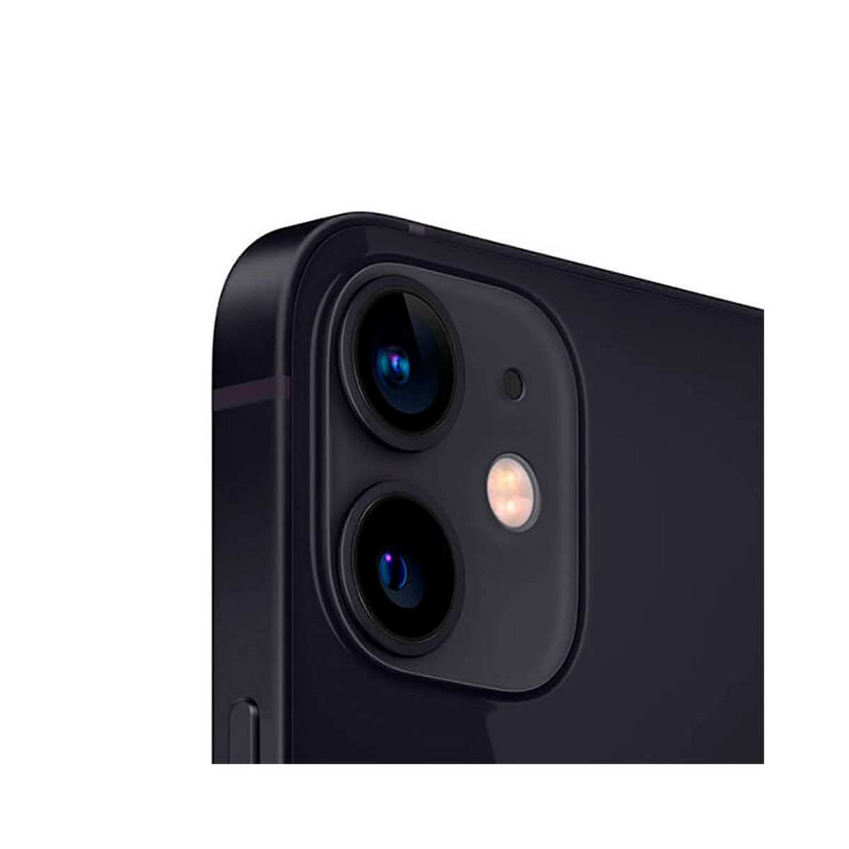 Primo piano del sistema a doppia fotocamera e flash LED sul retro di uno smartphone viola scuro.