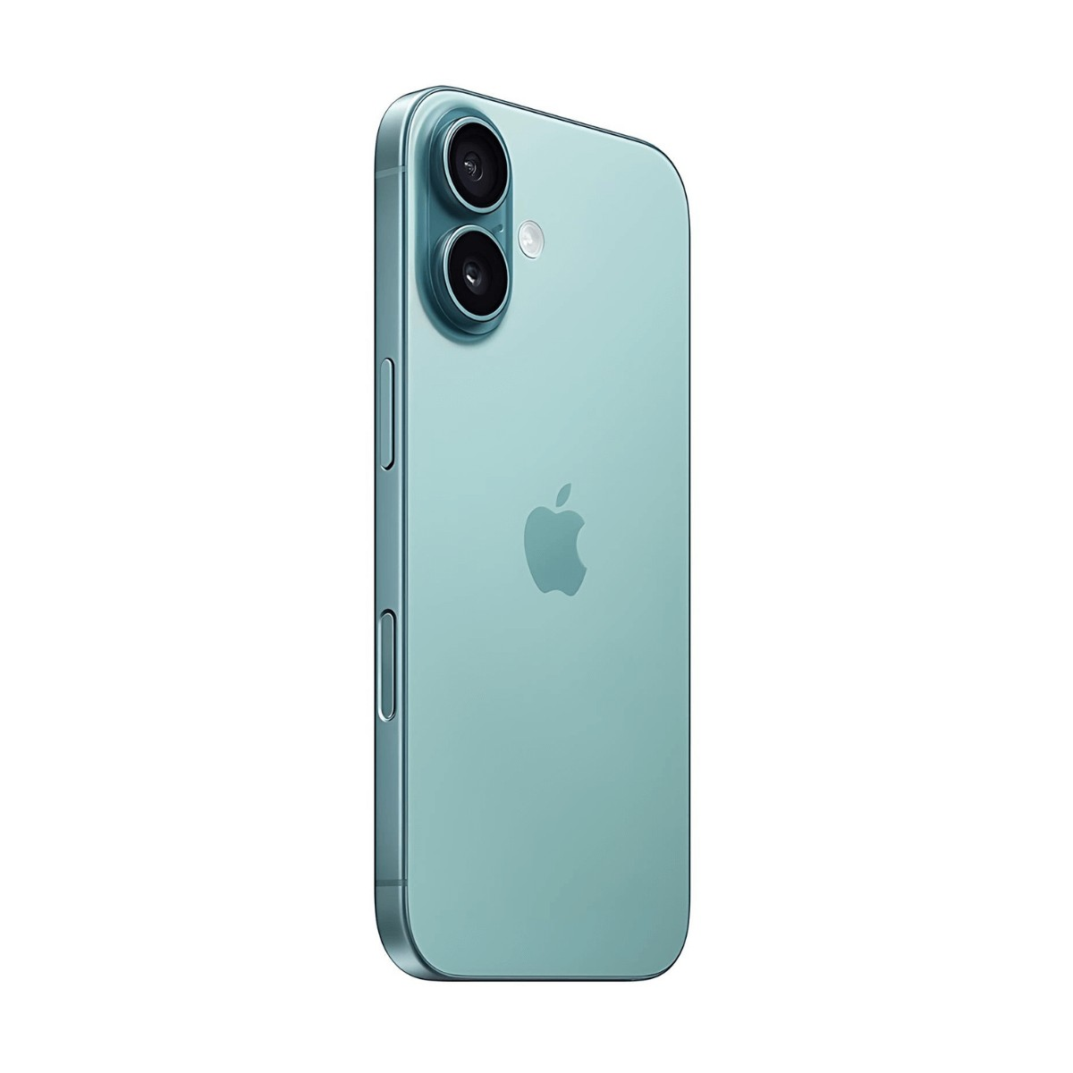 Hellblaues Smartphone von hinten mit zwei vertikalen Kameras, Blitz und Apple-Logo auf weißem Hintergrund.