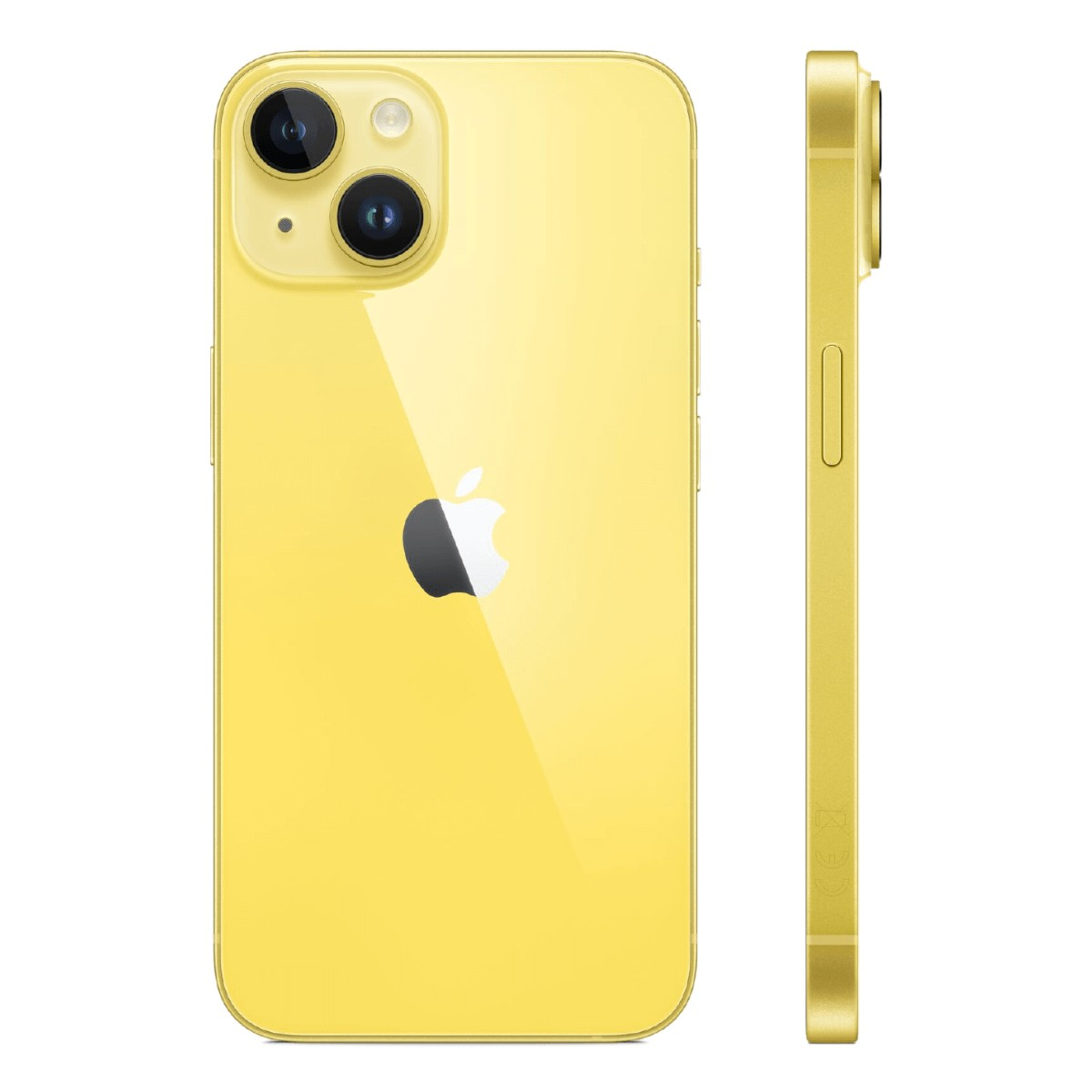 Gelbes Smartphone von hinten und von der Seite, mit zwei Kameras und dem Apple-Logo.