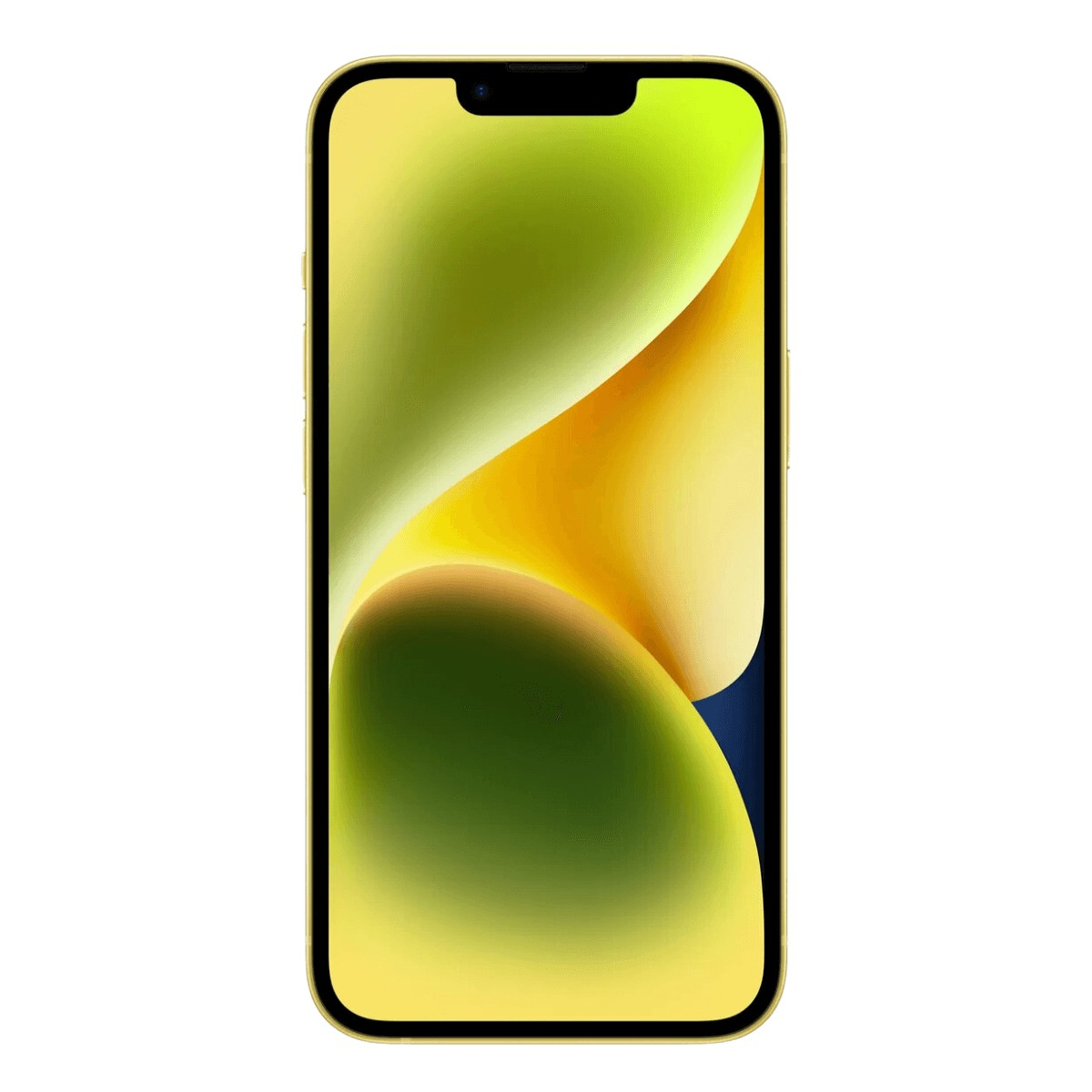 Ein Smartphone mit gelbem Gehäuse zeigt ein abstraktes grün-gelbes Wellenmuster auf dem Bildschirm.