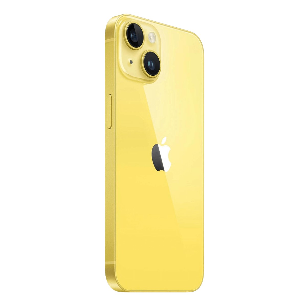 Ein gelbes Smartphone von hinten, mit Dual-Kamera und Apple-Logo.