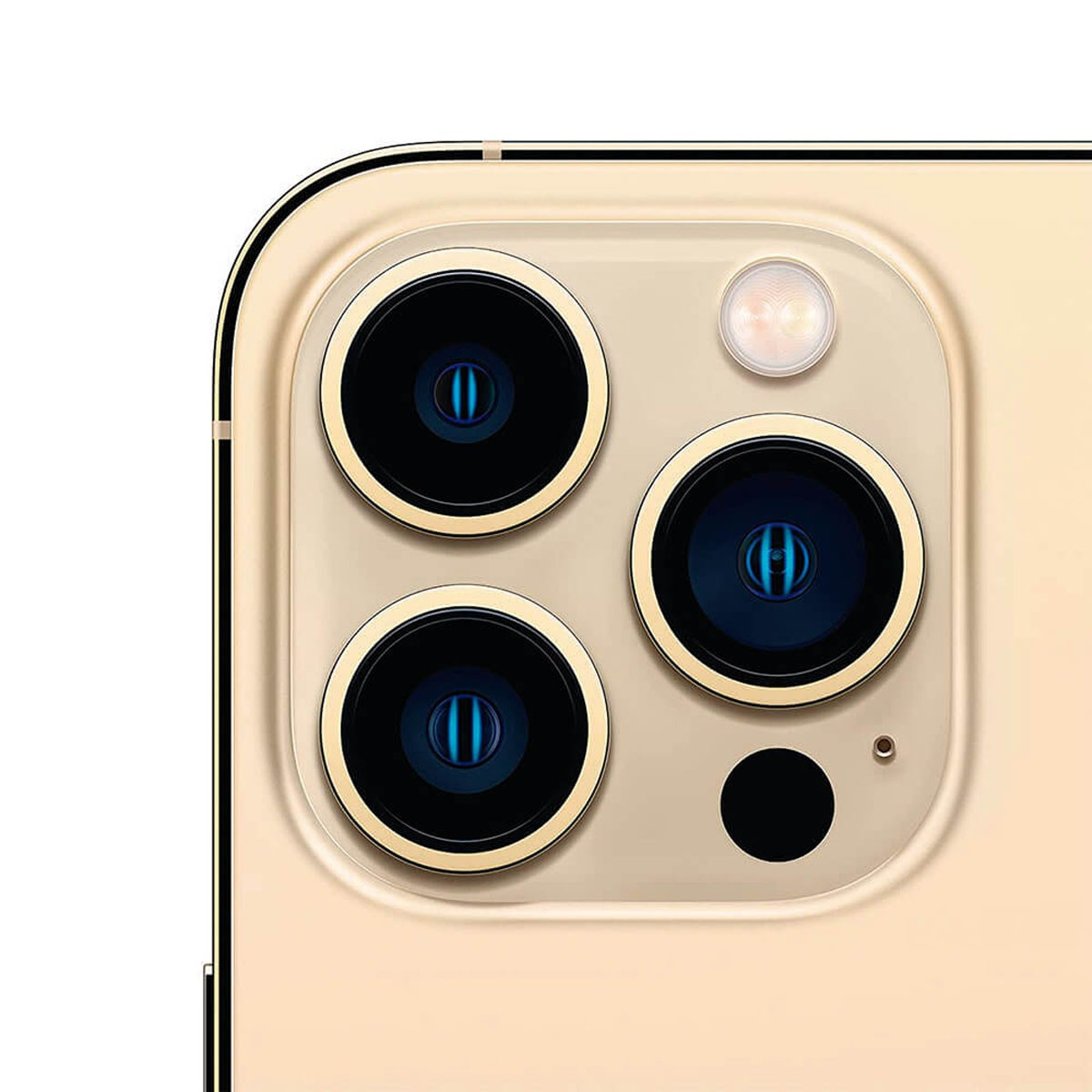 Primo piano del modulo della fotocamera posteriore di uno smartphone dorato con tre obiettivi e un flash.