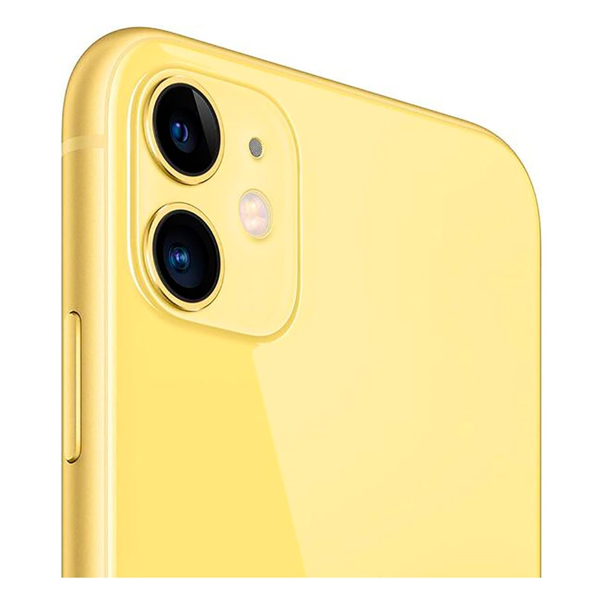 Rückseite eines gelben Smartphones mit zwei Kameras, Blitz und seitlicher Taste.