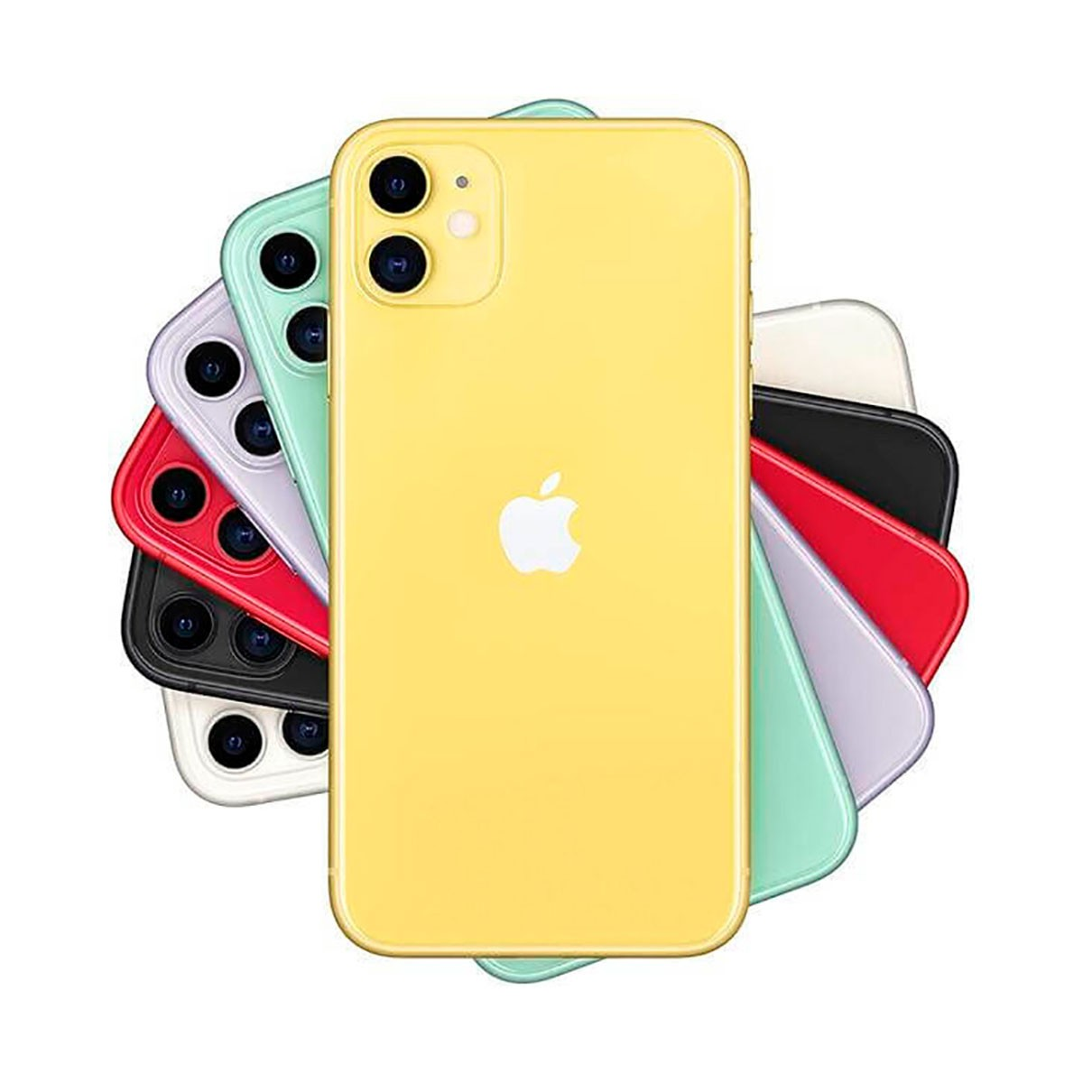 Mehrere bunte iPhones liegen kreisförmig übereinander, das gelbe Modell im Vordergrund.