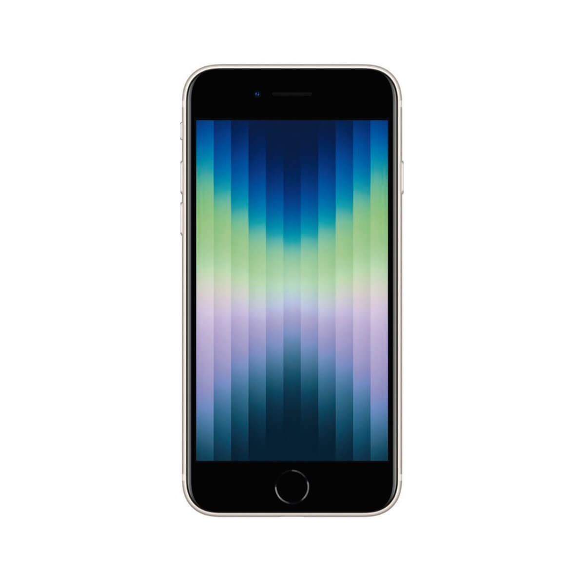 Uno smartphone mostra uno sfondo a righe verticali blu, verdi e viola su sfondo bianco.