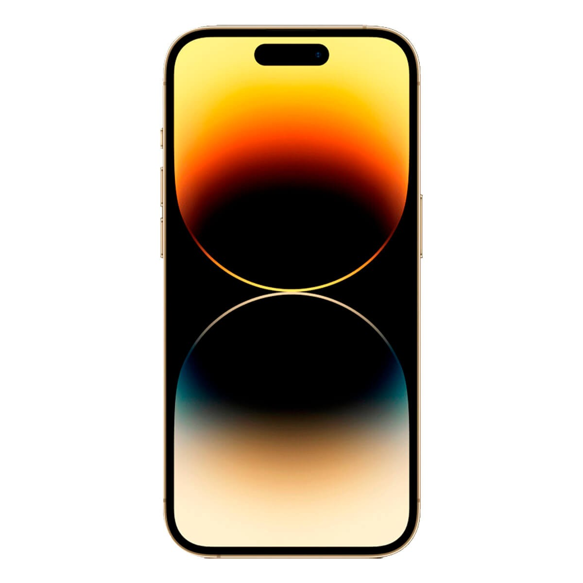 Uno smartphone dorato con Dynamic Island e uno sfondo astratto colorato.