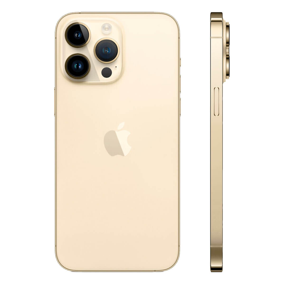 Vista posteriore e laterale di uno smartphone dorato con tripla fotocamera e logo Apple.