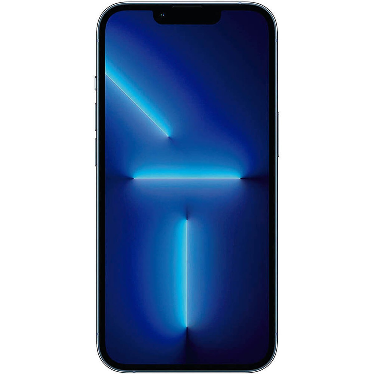 Uno smartphone con sfondo blu e simboli neon azzurri sul display.