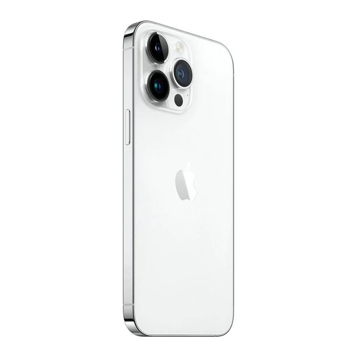 Widok z tyłu srebrnego iPhone'a z trzema aparatami i logo Apple.