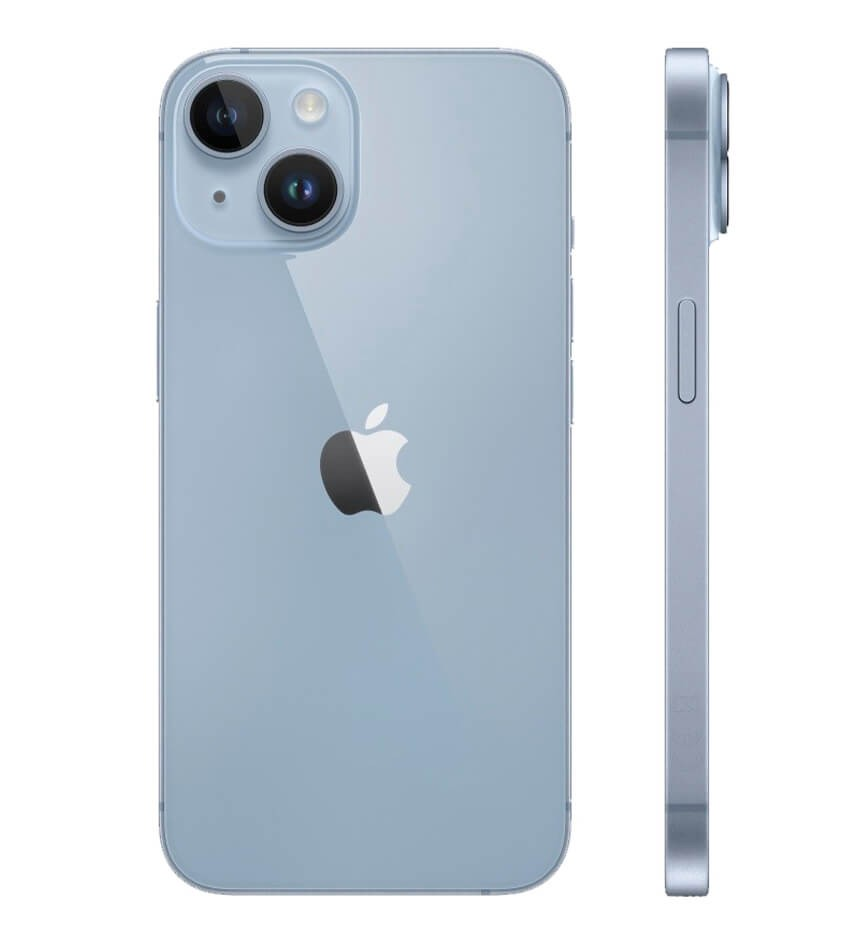 Smartphone azzurro mostrato da dietro e di lato, con doppia fotocamera e logo Apple.