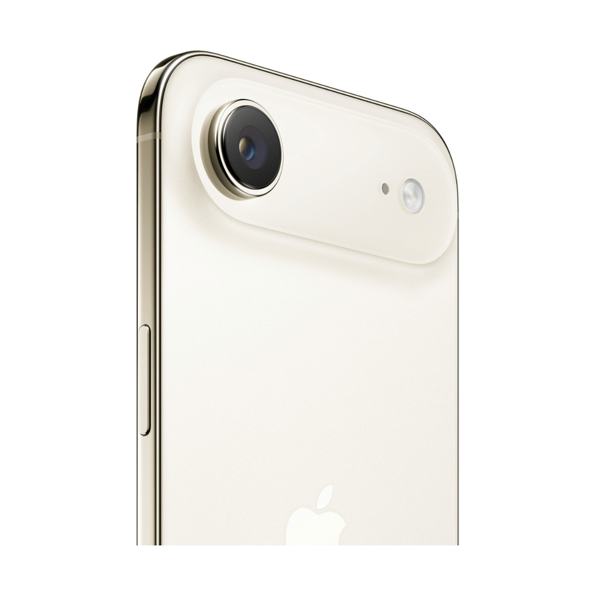 Parte trasera de un smartphone beige con una sola lente de cámara y el logotipo de Apple.