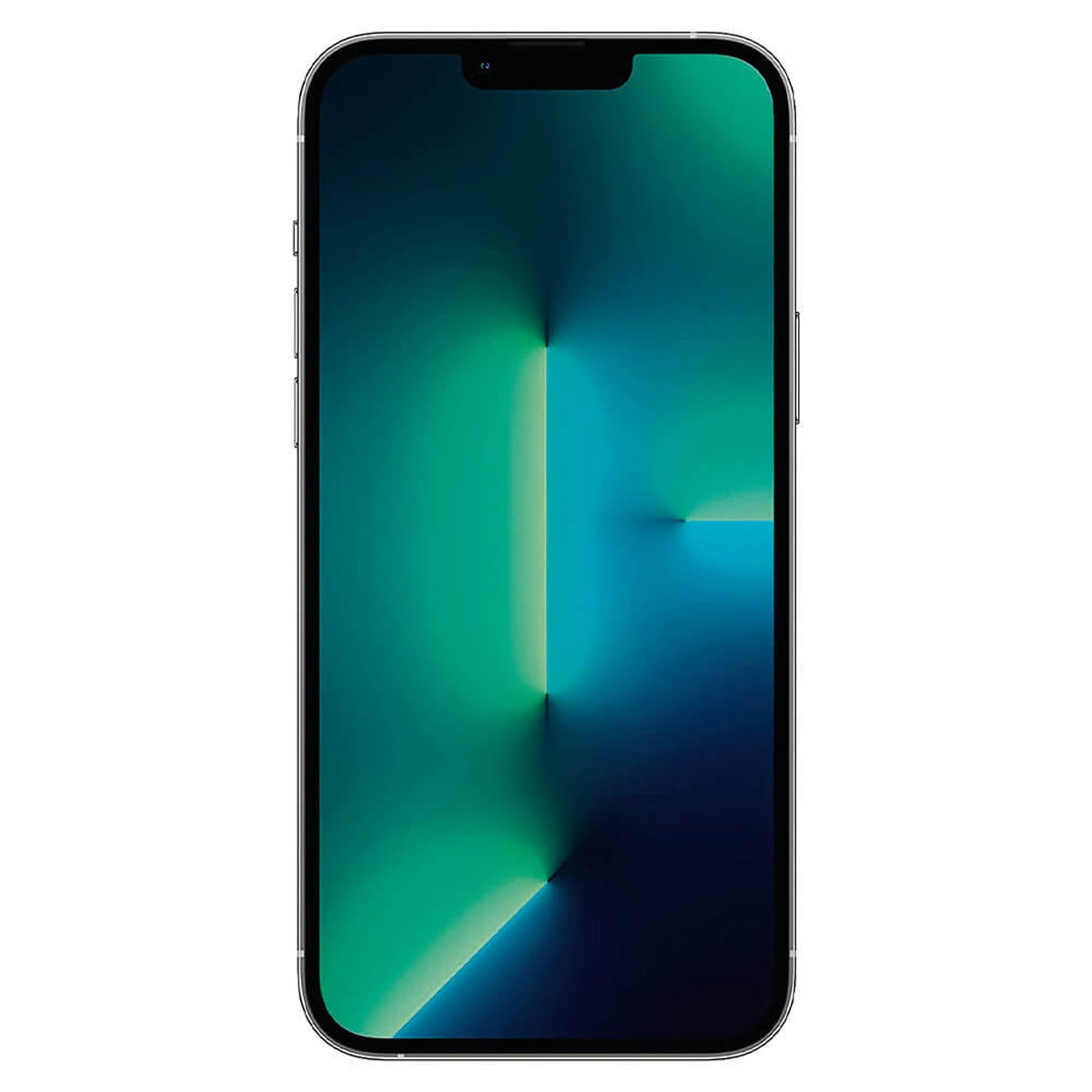 Smartphone plateado con un fondo de pantalla degradado azul y verde en la pantalla.