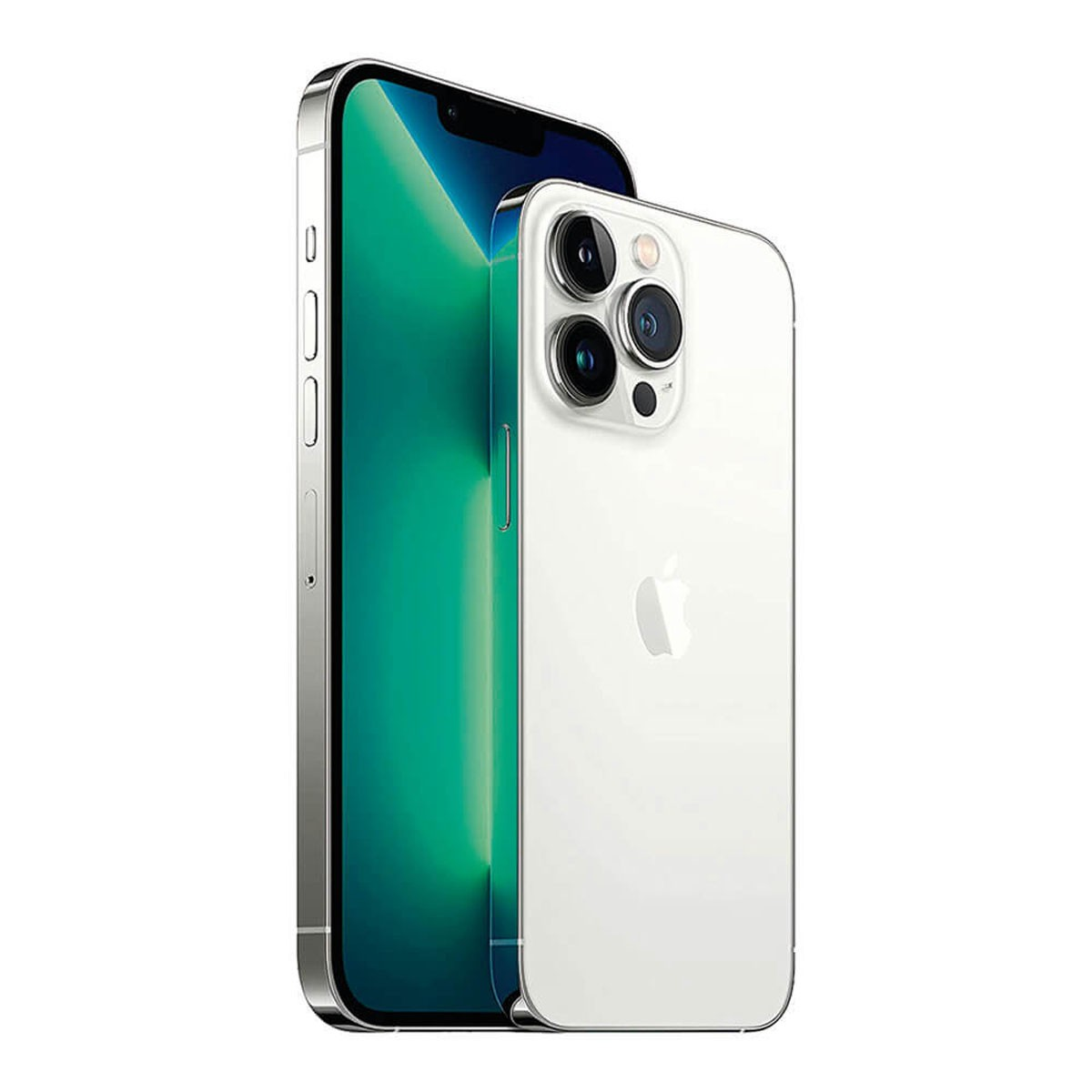 Dos teléfonos inteligentes plateados, uno muestra la pantalla con fondo verde y el otro la parte trasera con tres cámaras.
