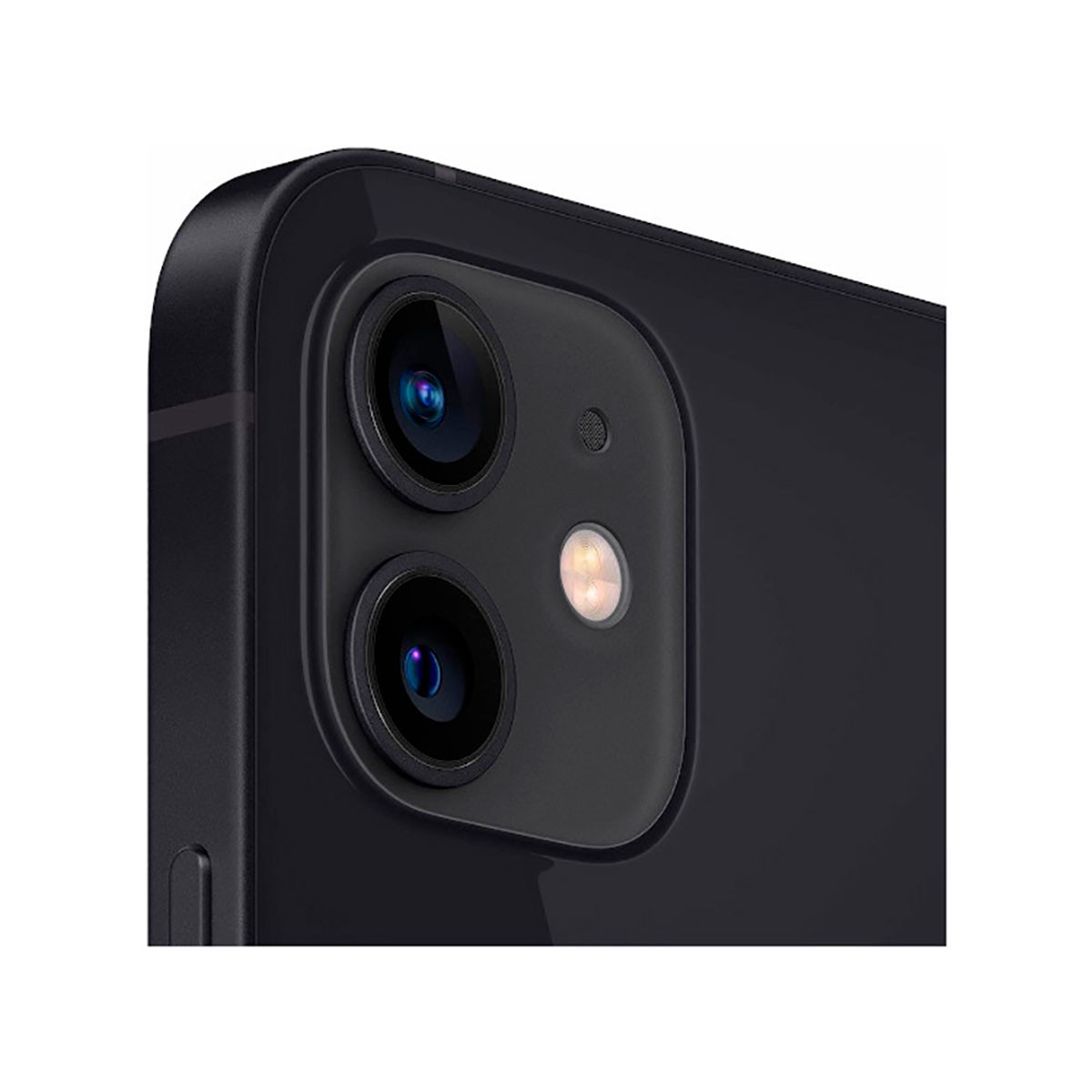 Primer plano del módulo de cámara dual de un smartphone negro con flash y micrófono.