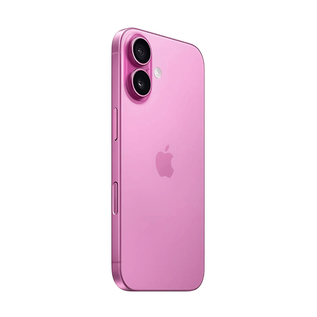 Uno smartphone rosa visto da dietro, con doppia fotocamera, flash e logo Apple.
