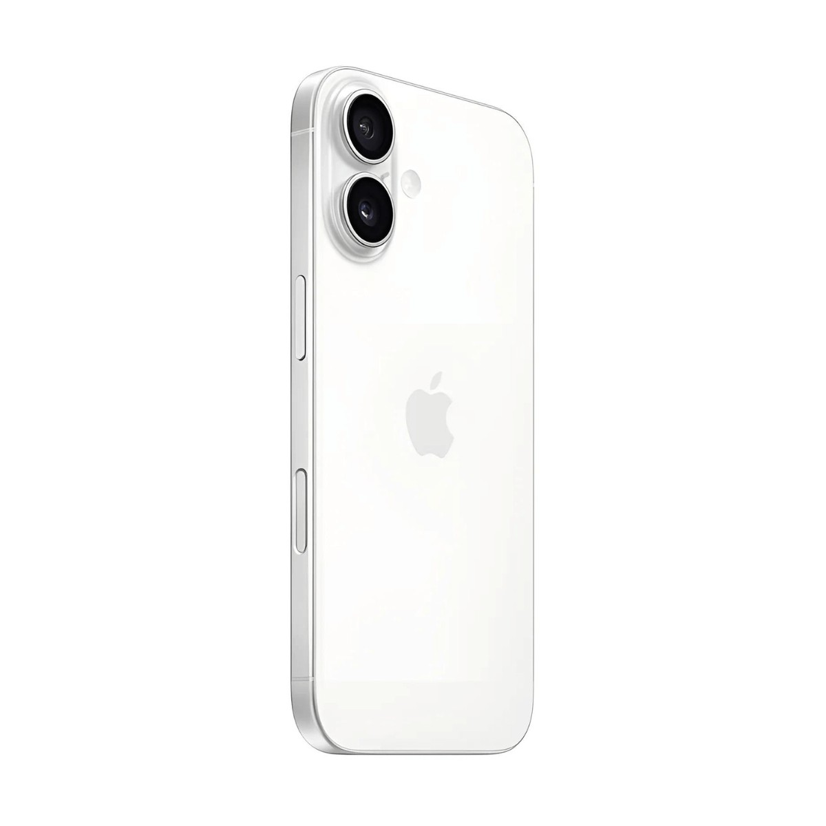 Vista posteriore di uno smartphone bianco con doppia fotocamera verticale e logo Apple.
