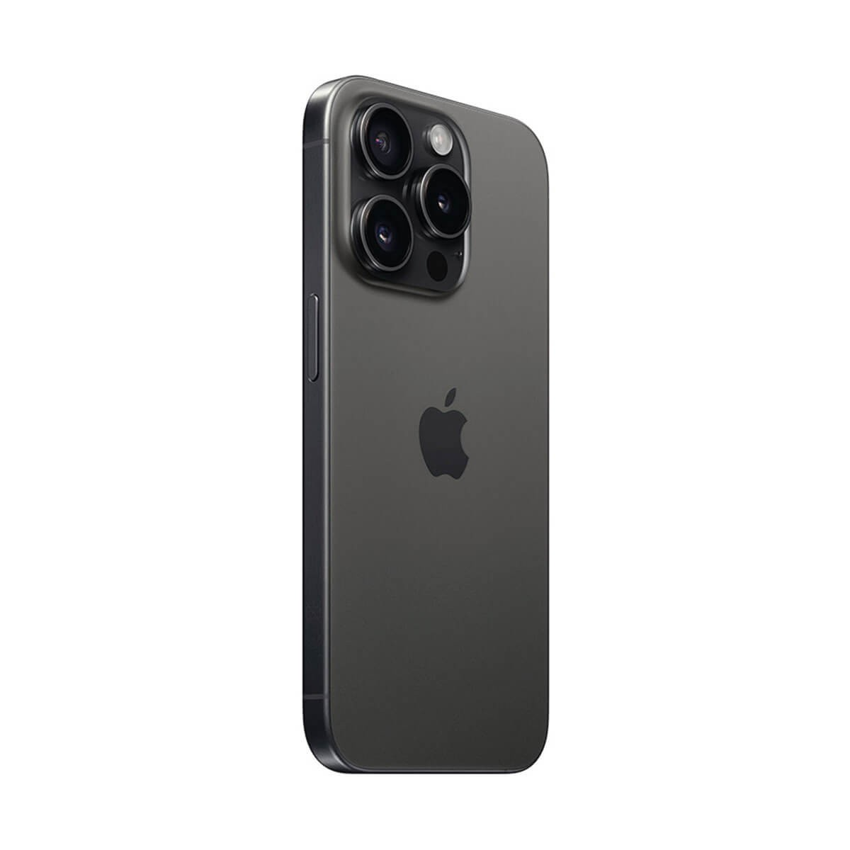 Retro di uno smartphone scuro con tripla fotocamera e logo Apple su sfondo bianco.