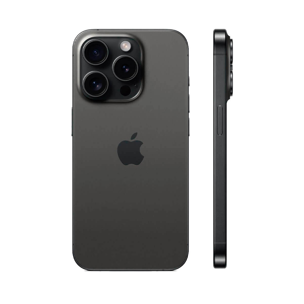 Vista posteriore e laterale di uno smartphone scuro con tripla fotocamera e logo Apple.