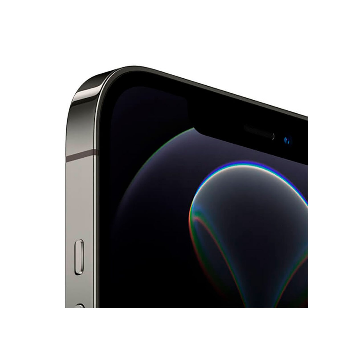 Primo piano dell'angolo superiore sinistro di uno smartphone con cornice metallica e display curvo.
