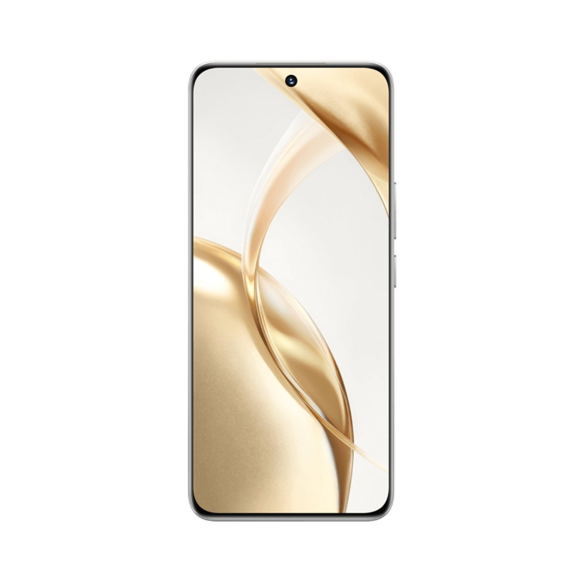 Uno smartphone con cornice sottile mostra uno sfondo astratto fluido e dorato sullo schermo.
