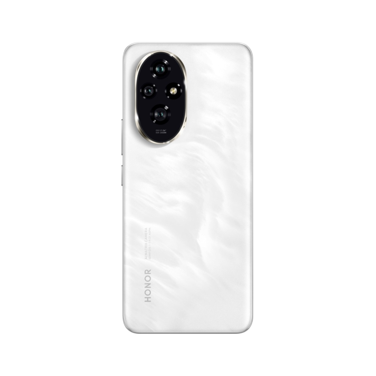 Retro dello smartphone in marmo bianco con un grande modulo fotocamera ovale e logo Honor.