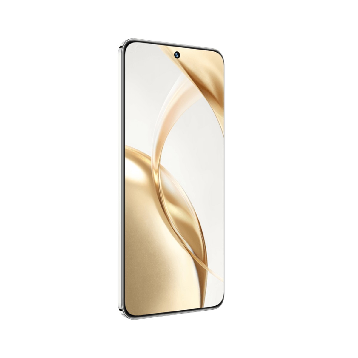 Uno smartphone con display senza bordi mostra un vortice astratto dorato e bianco come sfondo.