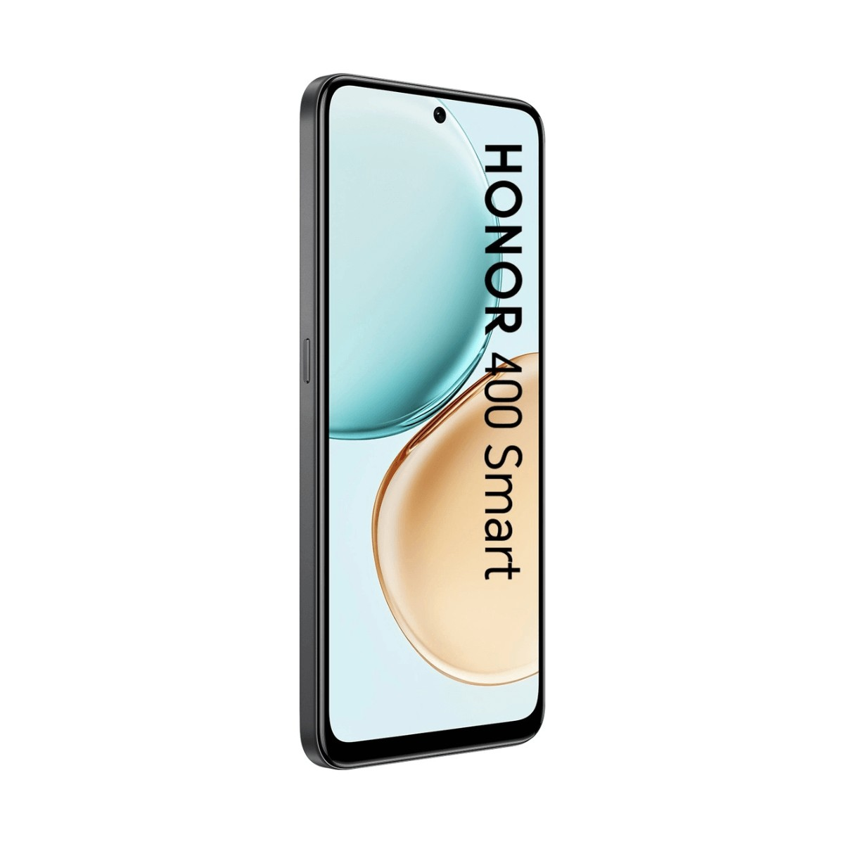 Smartphone Honor 400 Smart en negro, vista inclinada, muestra pantalla azul claro y dorada.