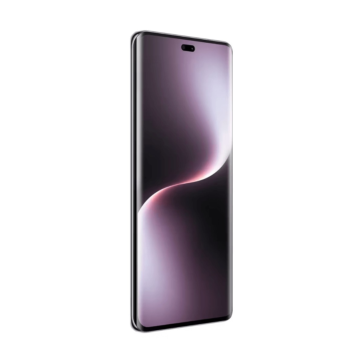 Uno smartphone elegante con schermo curvo mostra uno sfondo astratto rosa e nero.