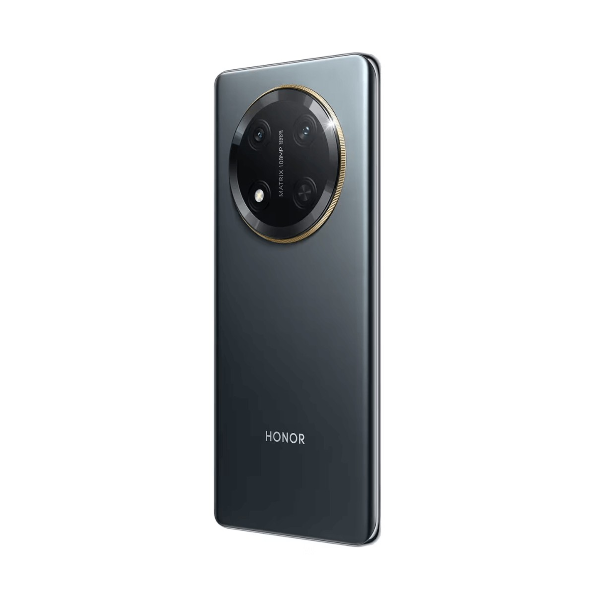 Retro di uno smartphone scuro con grande fotocamera tonda e logo Honor.