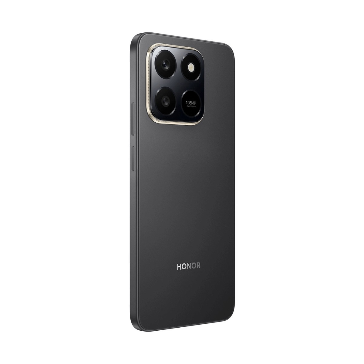 Parte trasera de un smartphone Honor gris oscuro que muestra su módulo de triple cámara y el logotipo.