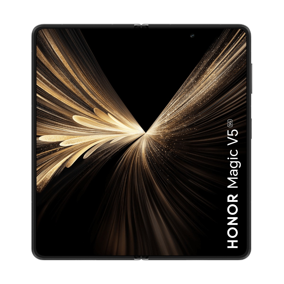 Un smartphone Honor Magic V5 5G déplié affiche un motif de lignes dorées abstraites sur son écran.
