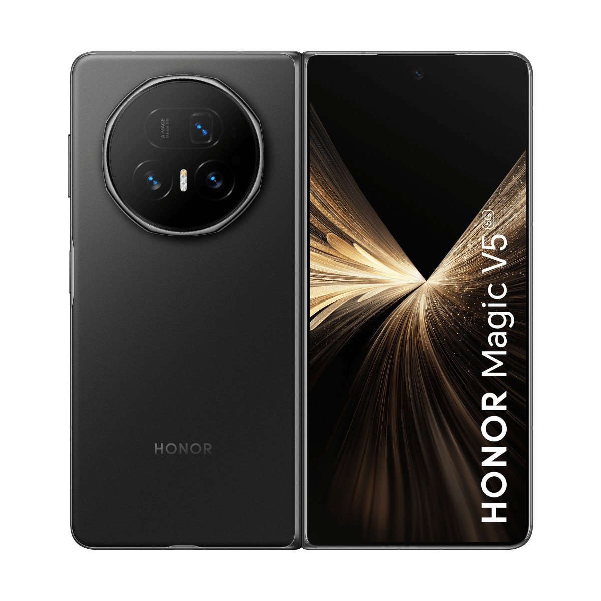 Vue avant et arrière du smartphone Honor Magic V5 en noir, avec un grand module photo rond.