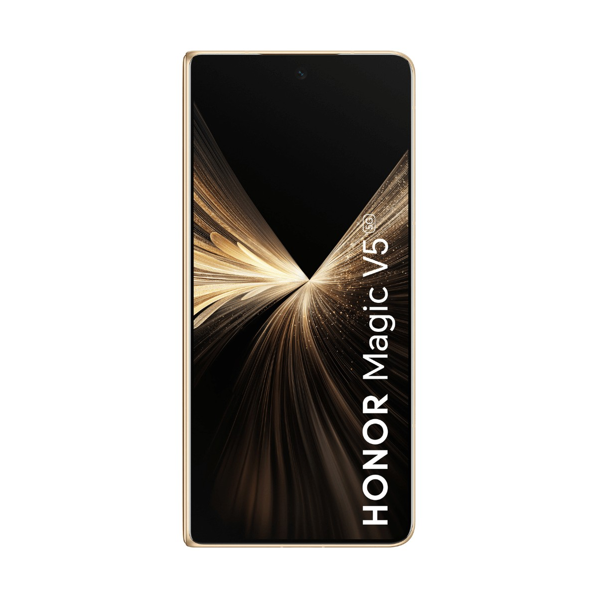 Smartphone dorato Honor Magic V5 con uno sfondo astratto e testo sullo schermo.